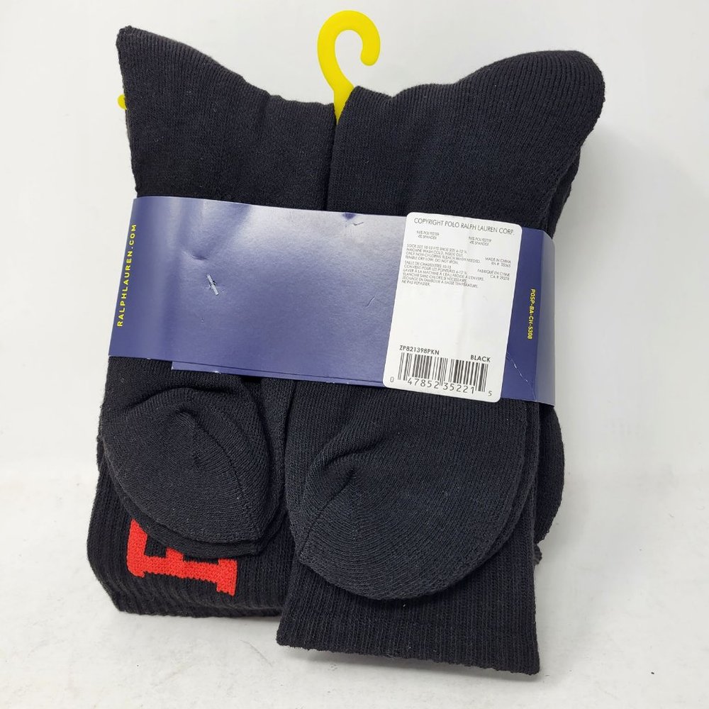 Polo Ralph Lauren Classic Sport Crew Socks Black Red BIG PONY Logo 6-Pack Pair - Picture 2 of 3